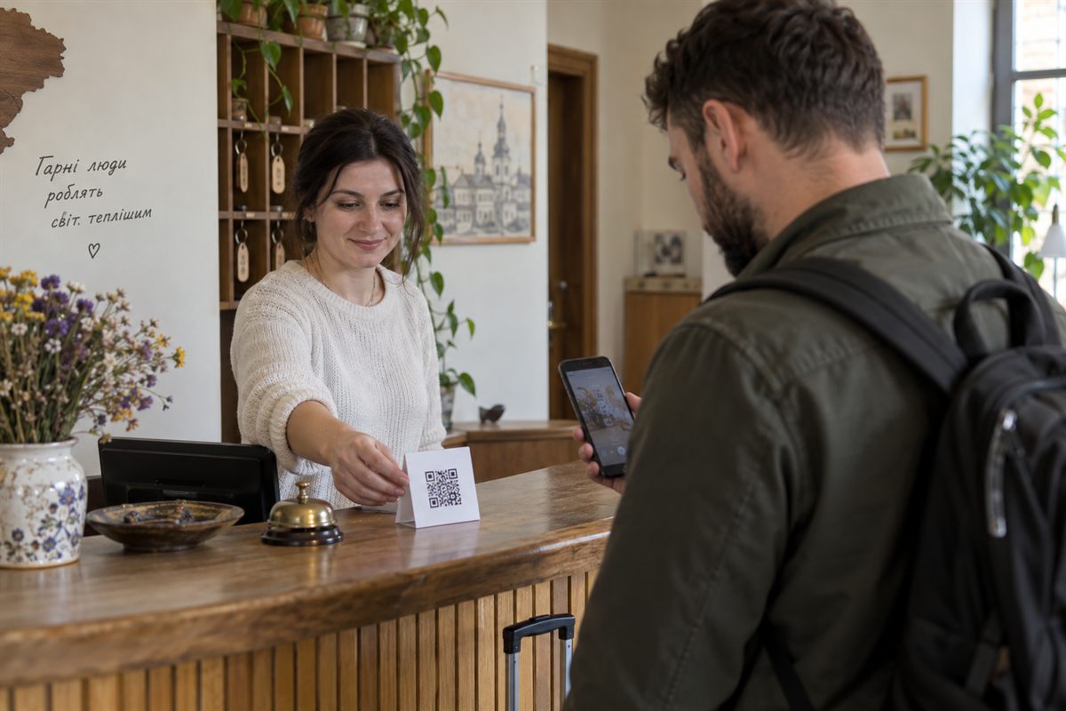 QR-коди для готелів: приклад на рецепції Гість сканує QR-код на картці біля рецепції невеликого готелю.