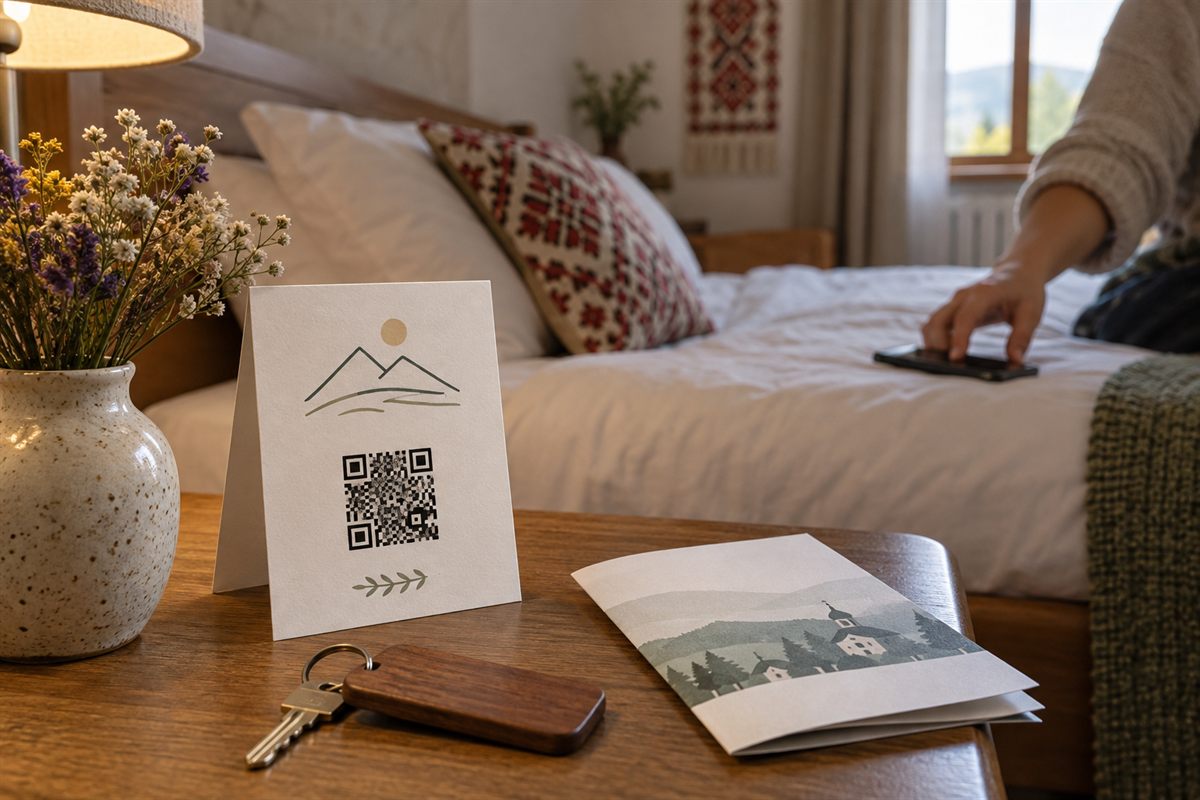 QR-картка з інформацією для гостя Картка з QR-кодом лежить на тумбі у звичайному готельному номері.
