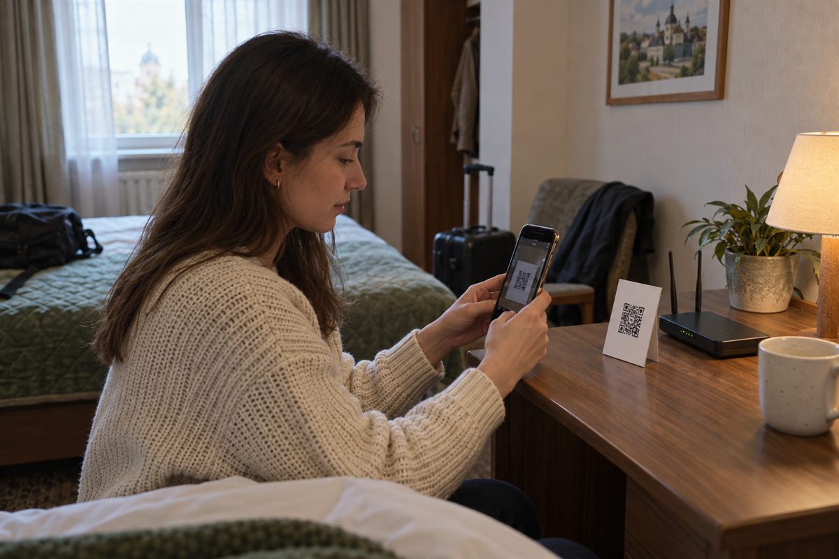 QR-код гостьового Wi-Fi у номері Гостя сканує QR-код Wi-Fi з картки на столику в номері готелю.