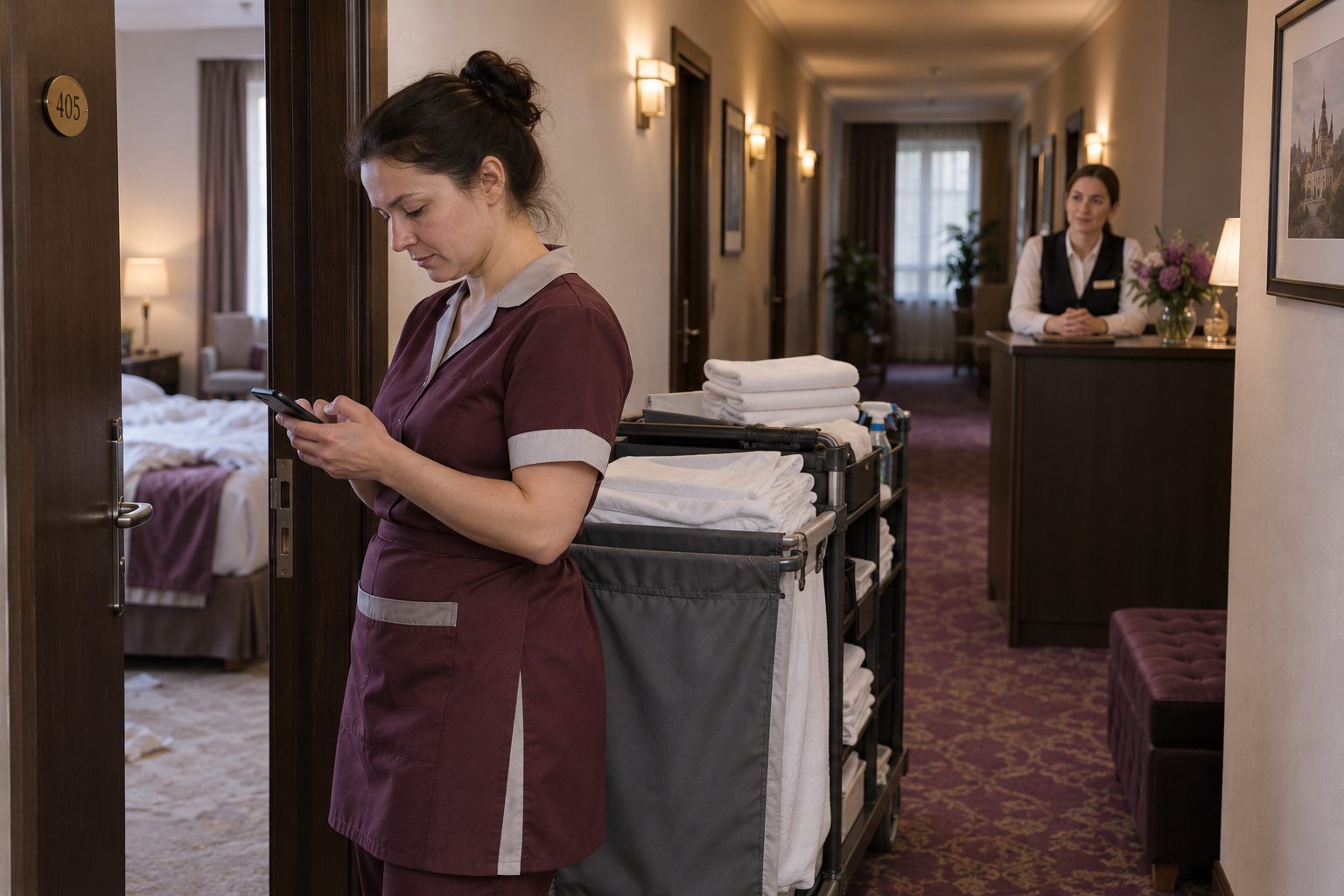 Працівниця housekeeping оновлює на телефоні статус готовності номера Працівниця housekeeping оновлює на телефоні статус готовності номера